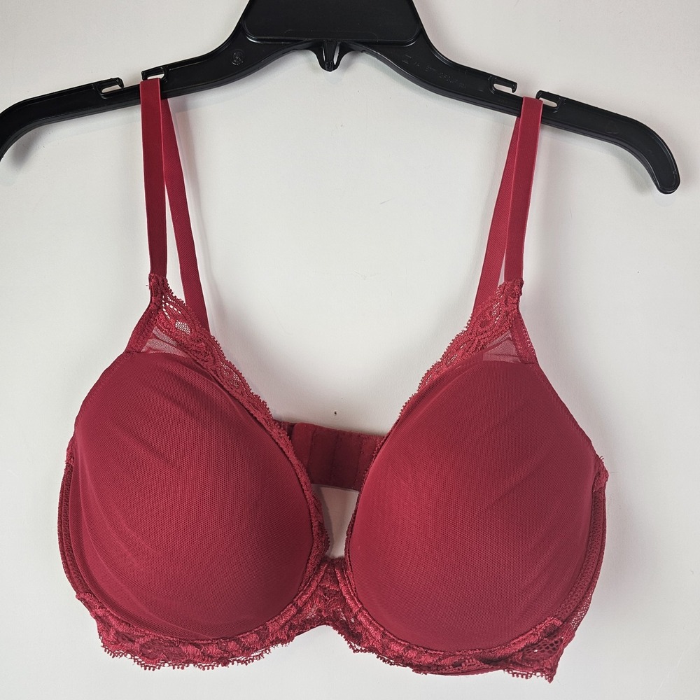 Natori Feathers Plunge T-Shirt Bra Women's 36DD Red Lace Lightweight Contour
